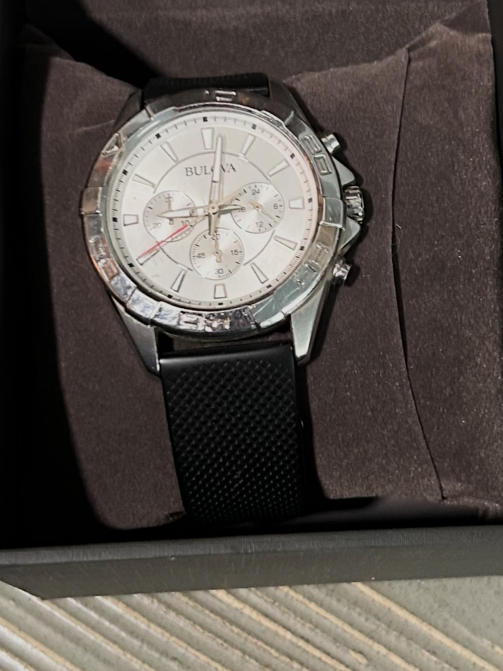 Bulova Silver and White Chronograph with Black Strap - Works (video)